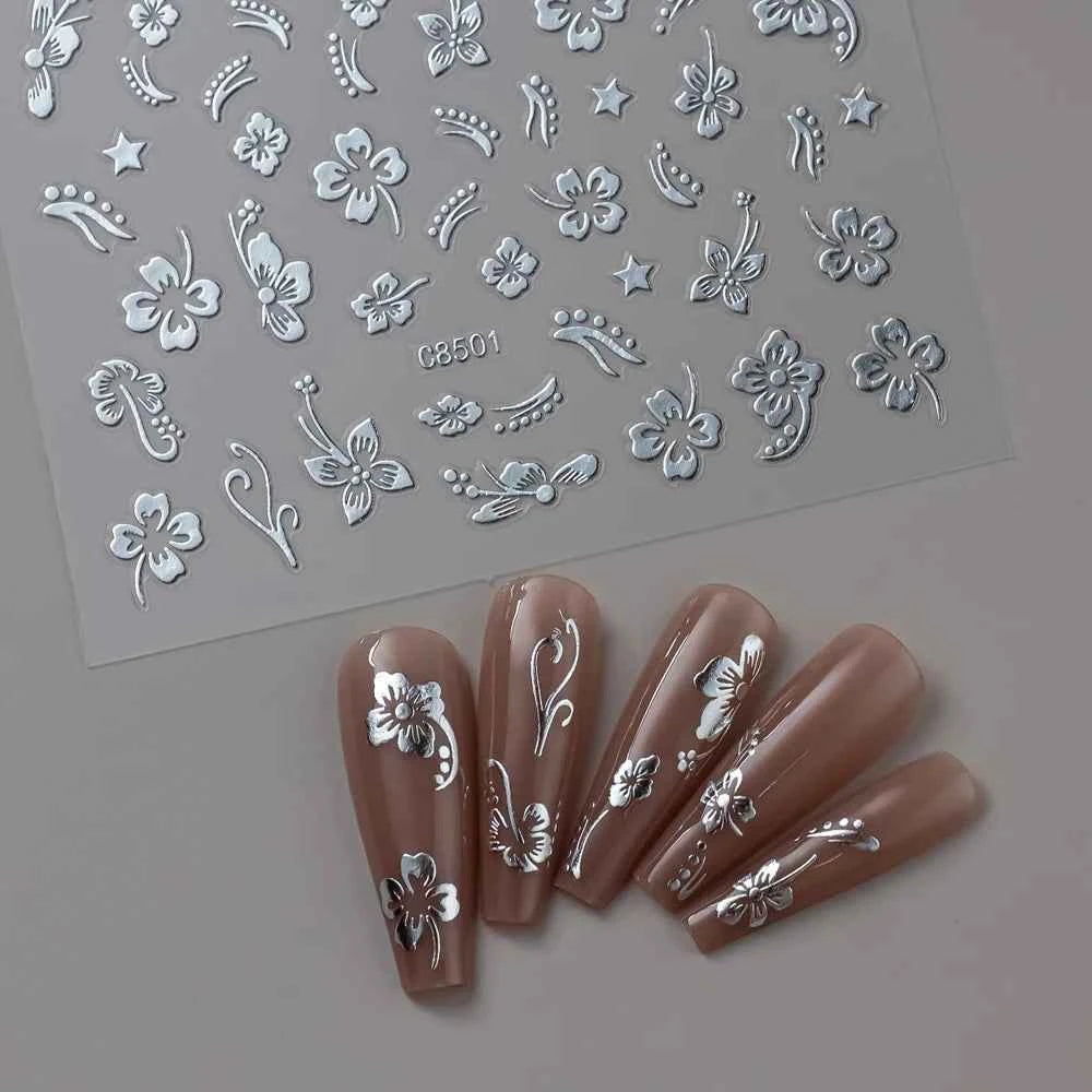 1pcs 3D White Hibiscus Flowers Nail Stickers Holographic Silver Gold Tropical Petal Slider For Nails French Manicure Decoration