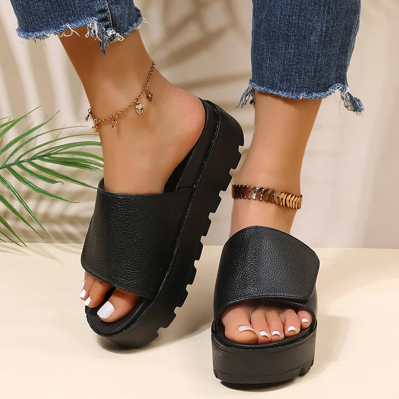Rimocy Black PU Leather Platform Slippers Women Plus Size 43 Thick Soled Sandals Woman 2025 Summer Non-slip Slides Shoes Female
