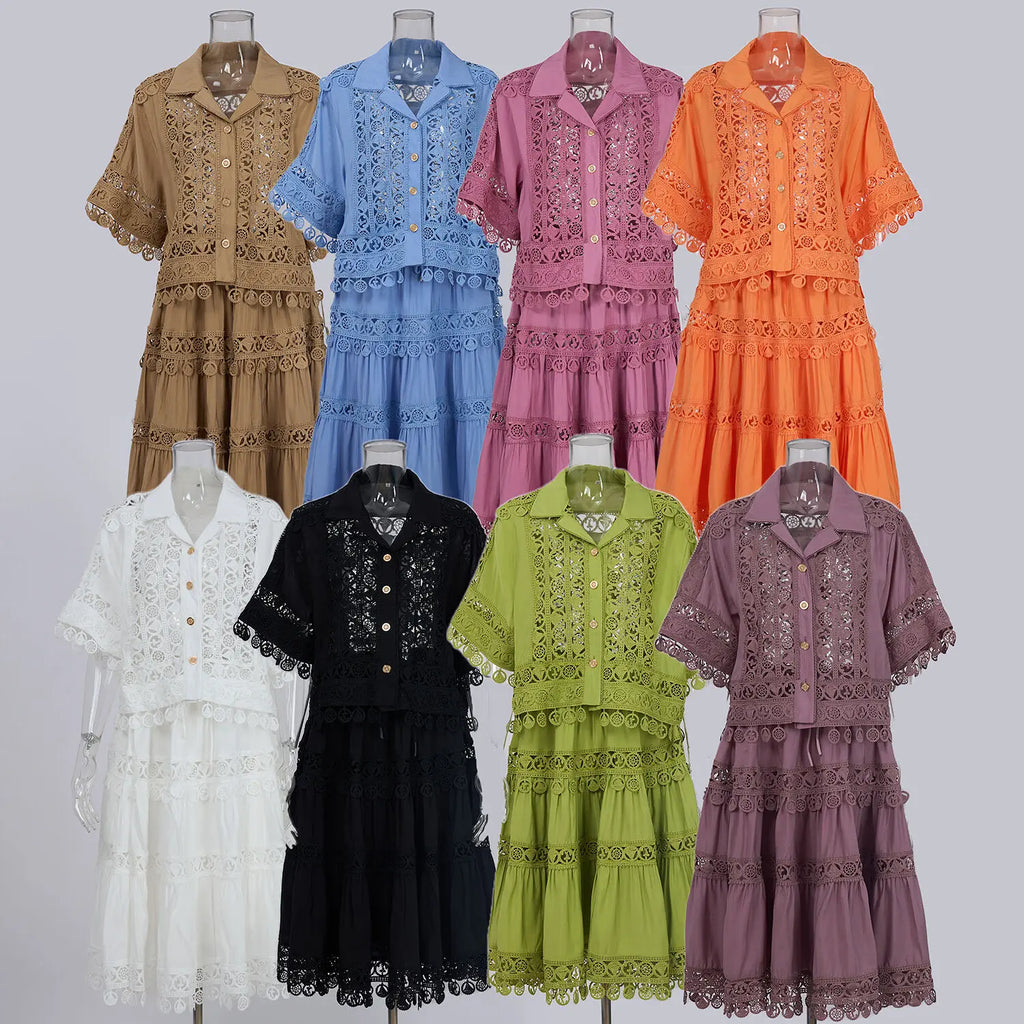 Quality Loose Hollow Out Dress Two Piece Set Women's Shirt Short Skirt Set Embroidered Lace Crop Tops Pleated Skirts Suits 2pcs