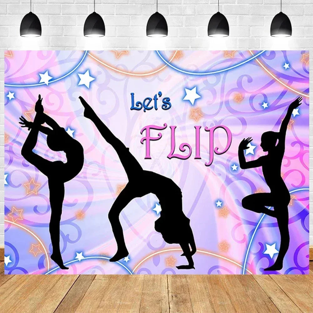 Let's Flip Athlete Gymnast Gymnastic Theme Jump Tumble Play Gymnast Rhythmic Gymnastic Girl Birthday Party Baby shower Backdrop