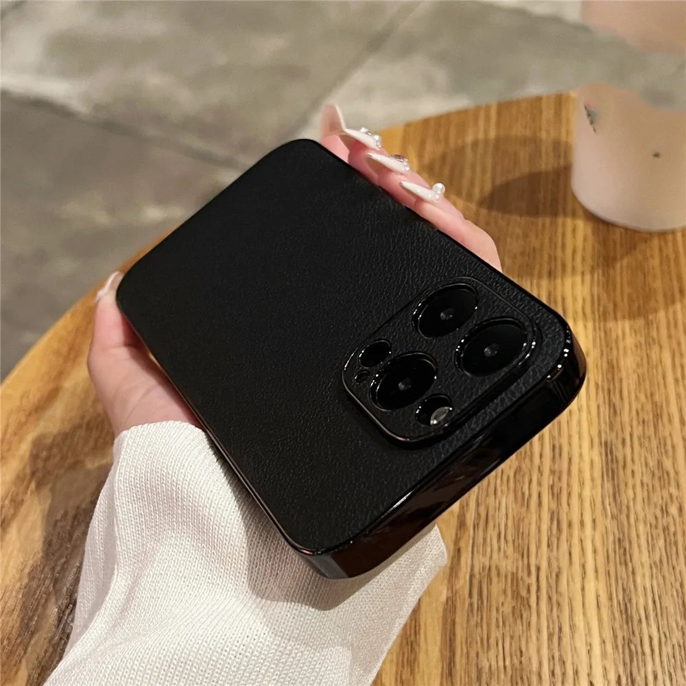 LuxeGuard Retro Lambskin Leather iPhone Case - Shockproof Bumper with Lens Protection for All Models 11-17