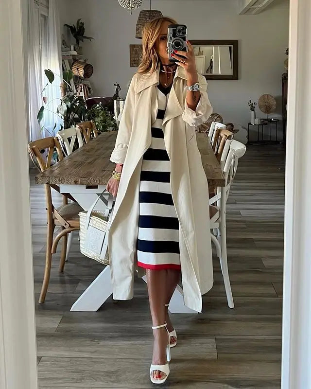 Black & White Striped V-Neck Pullover Dress with Slit - Casual & Loose Fit for Summer 2026