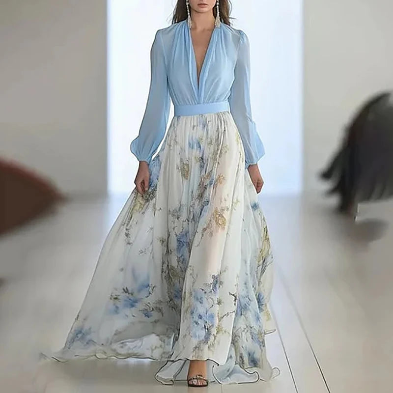Fashion Floral Print Patchwork Bohemian Dress Woman Sexy Deep V Neck Hollow Long Dresses New Spring Puff Sleeve Loose Maxi Dress