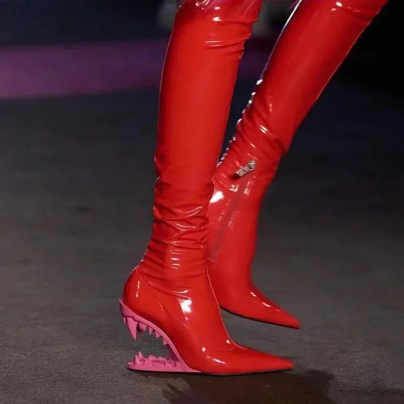 Women's Pointed Tiger Teeth Heel Knee High Elastic Boots Fashionable Over-the-Knee Super High Heel Banquet Show Shoes Autumn Winter