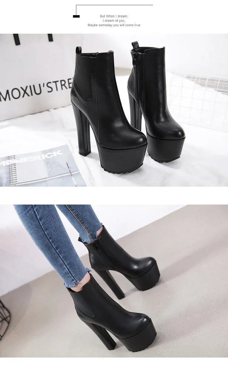 16CM Thick High Heel Shoes Womens Platform Elastic Band Side Zipper Chelsea Boots Black  Ankle Boot Zapatos Para Mujeres