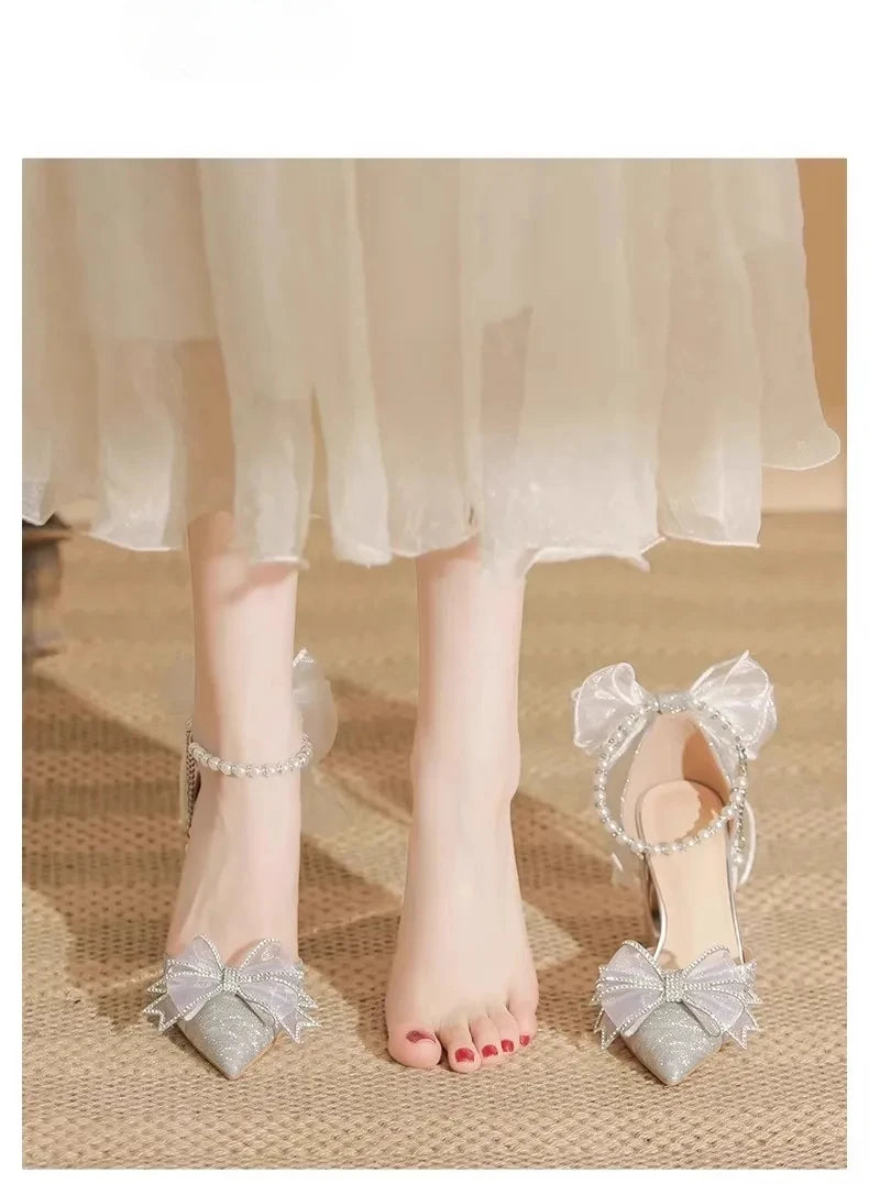 High Heels 2025 New Pearl Bow Silver Hollow Sandals Graduation Wedding Dress Big Size Bride Shoes