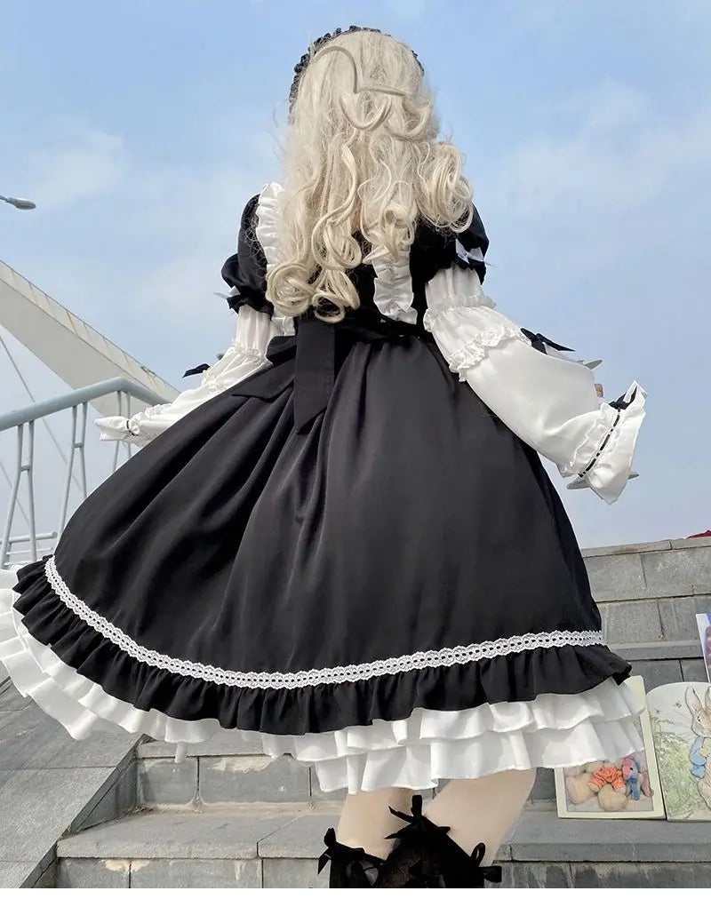 Contrast Color Japanese Dress Women Ruffled Patchwork High Waist Fairy Robe Y2k Aesthetic Ladies Sweet Dresses Vestido De Mujer