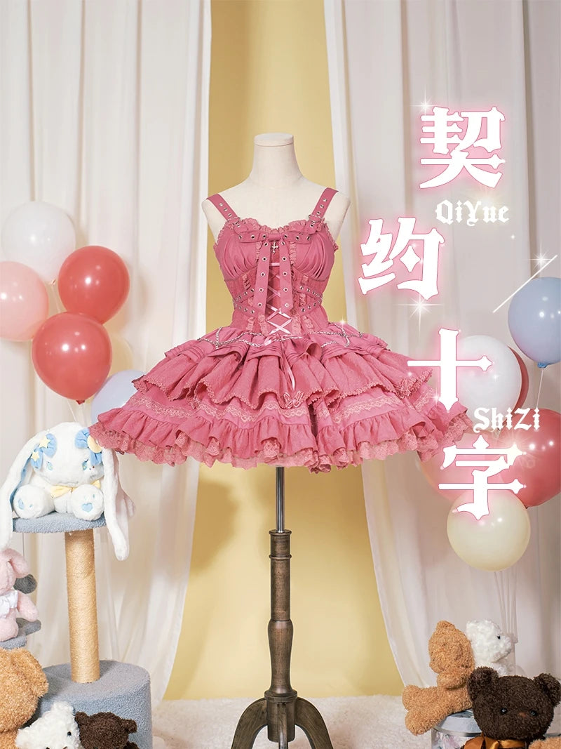Gothic Lolita JSK Dress with Bow & Spaghetti Straps - Chic Mini Dress & Waistcoat Set for Sweet Style