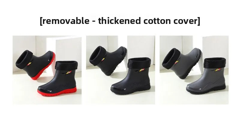 Men's Fleece Lined Tied Mouth Waterproof Outdoor Rain Boots Anti-slip Kitchen Work Rubber Shoes Warm Booties Plastic Material