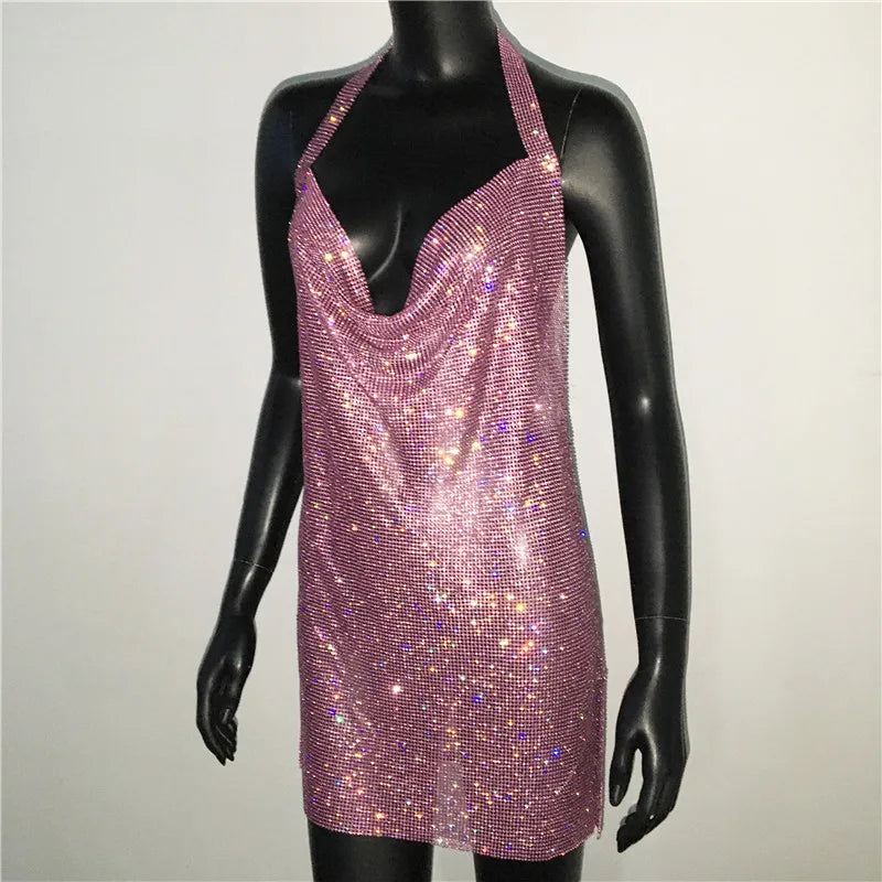 Bling Backless Rhinestone Dress - Sexy Deep V Neck, Sleeveless, Side Split Halter for Nightclub & Party