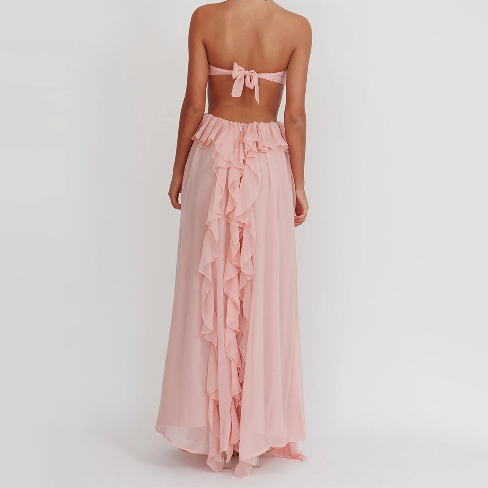 Luxury Women's Holiday Cutout Ball Gown Sleeveless Tie Back Solid Color Ruffle Long Dress Summer Party Dress