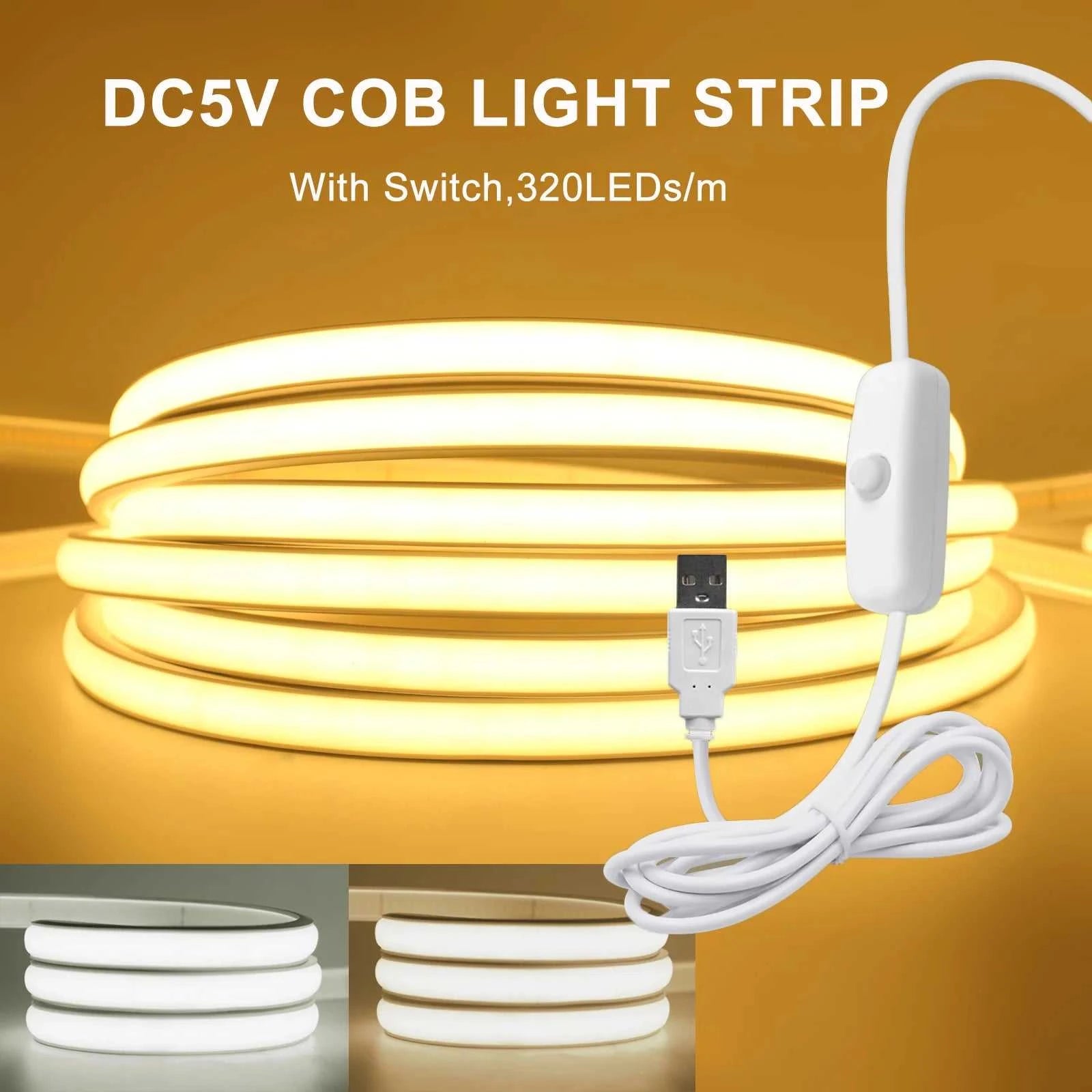 DC5V COB LED Strip With Switch 320Leds/m Flexible Neon Light USB Power Waterproof FOB LED Lights 3000K-6000K Ribbon Tape The jack market .AU The jack market .AU Home $ 57 136:9131281595#natural white;380:200007624