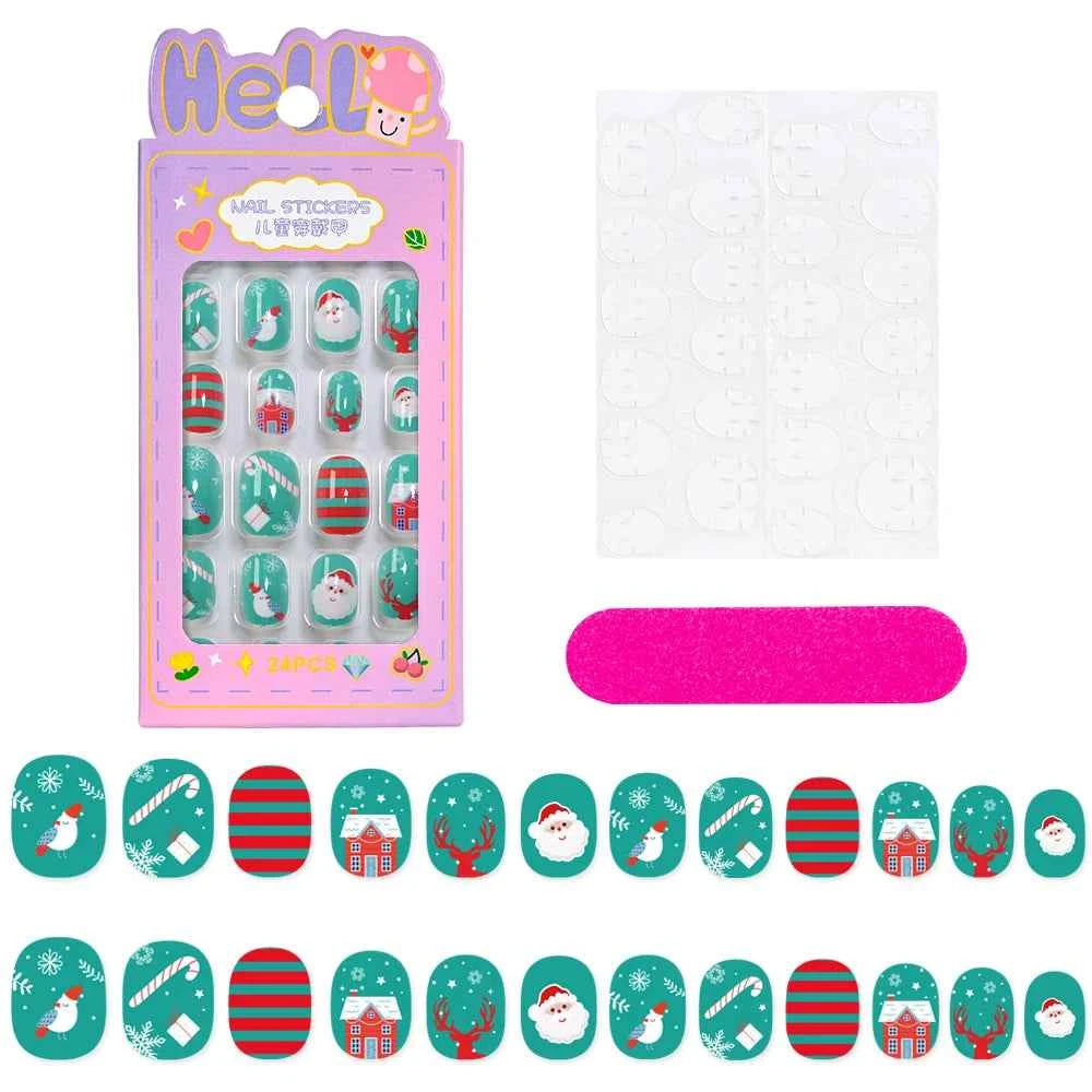 24pcs Princess Girls Christmas Press On Nails Candy Color Kawaii Christmas Tree Snowman False Nails New Year Children Fasle Nail