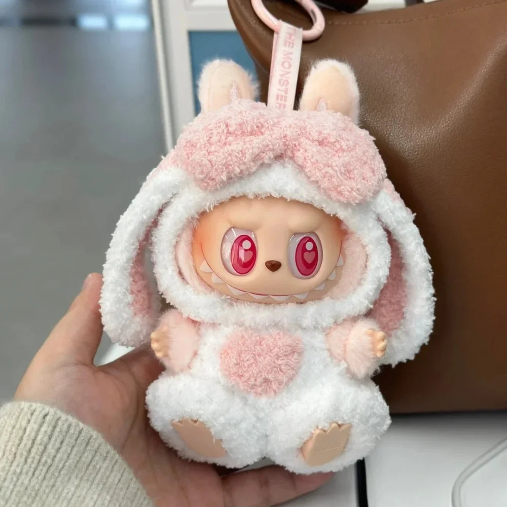 For 17cm Labubu 3.0 Dolls Accessories DIY Doll Clothes Heartbeat Long Eared Furry Rabbit Costume Cartoon Dress Up Christmas Gift