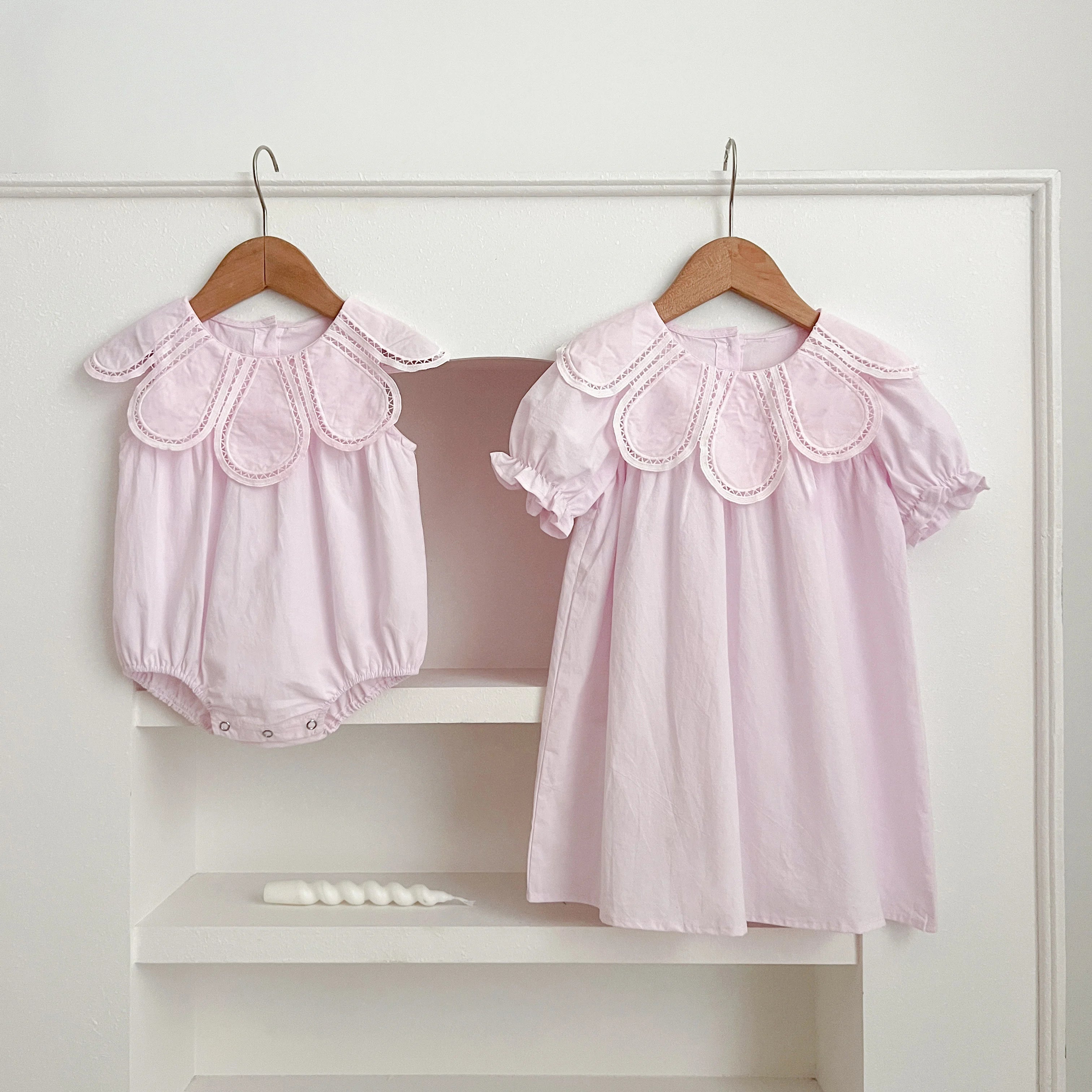 Sisters Dress Summer Kids Princess Dresses Short Sleeved Cotton Solid Color Splicing Infant Baby Romper Baby Girl Party Dress