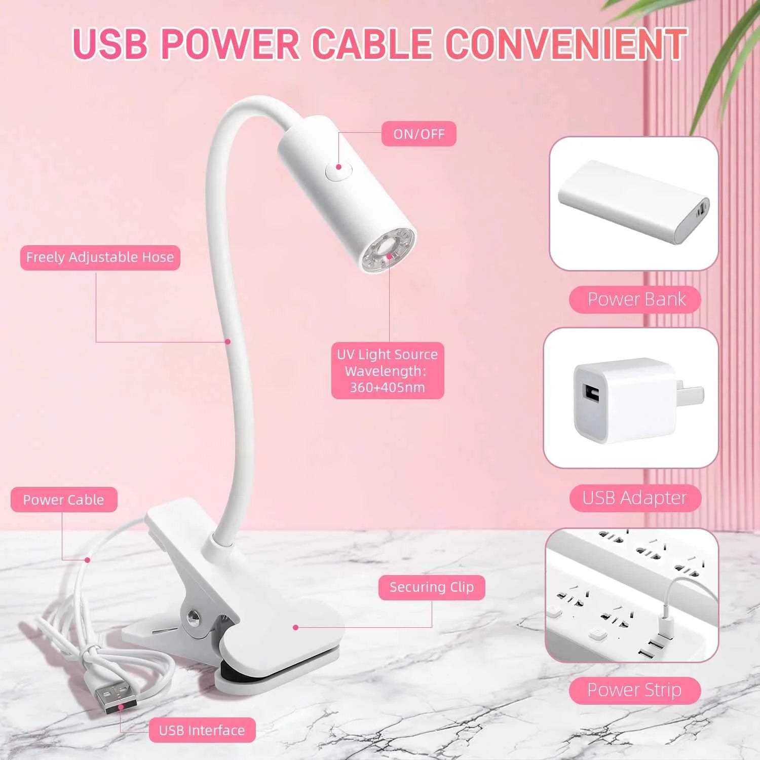 UV LED Light for Nails Polish Drying Lamp 360° Flexible Clip-on Desk Clip Mini USB Portable Nail Dryer Manicure Salon Tools
