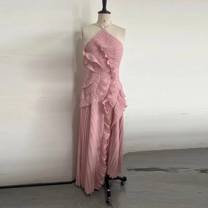 Elegant Affair Evening Gown - Ruffled Neck Strap, Backless Design, A-Line Silhouette, Perfect for Parties & Vacations