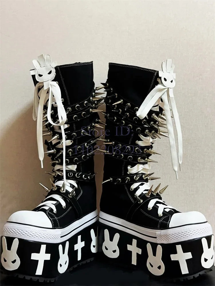 Cross Rivet Knee-high Boots Punk Round Toe y2k Platform Devil Angel Canvas Shoes Lace-up Women's Motorcycle Boots 2025 Halloween