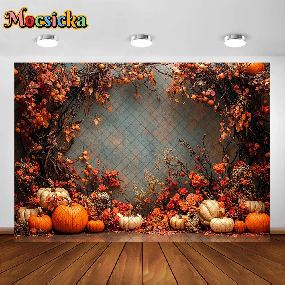 Mocsicka Photography Backdrop Autumn Pumpkin Maple Leaves Decoration Fall Portraits Photo Supplies Backgrounds For Photographs