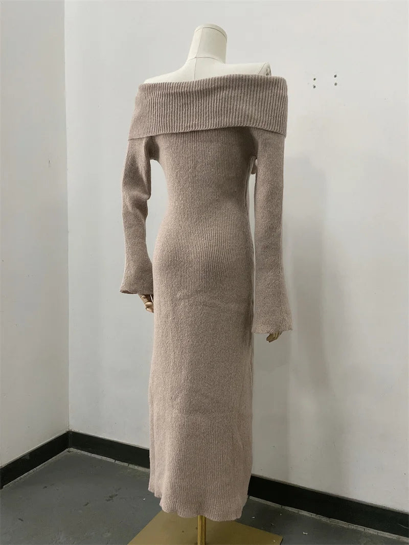 Luxury Fluffy Solid Knitted Off Shoulder Midi Dress Women 2024 Fall Winter Elegant Bodycon Flared Long Sleeve Sweater Long Dress