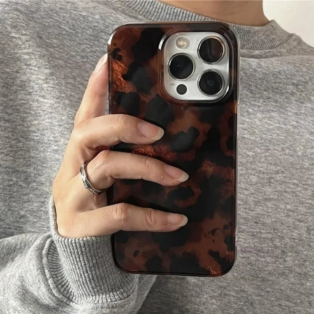 Retro Amber Leopard Print Laser Phone Case - Stylish Soft Cover for iPhone 17 16 15 14 13 12 11 XS XR 7 8 Plus