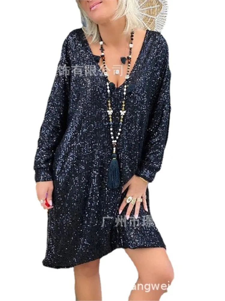 Trendy Solid Color Sequin Dresses Women V-neck Long Sleeve Loose Irregular Mini Dress Lady Commuting Vestidos Spring Autumn New