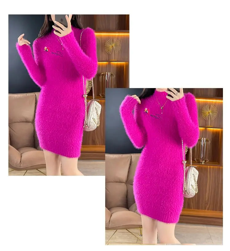 Imitation Mink Fleece Autumn Winter New Plush Slim Sweater Dress Solid Half High Neck Mid Length Embroidered Knit Bottom Dresses