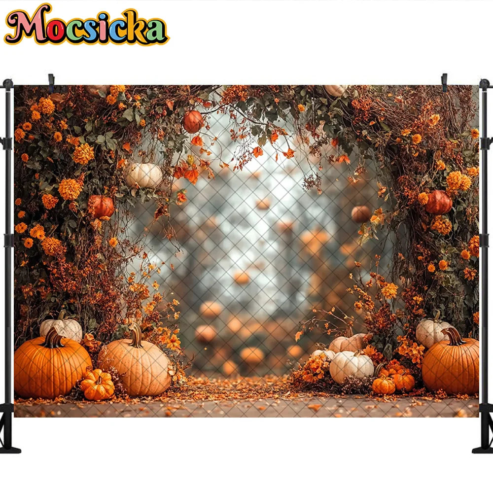 Mocsicka Photography Backdrop Autumn Pumpkin Maple Leaves Decoration Fall Portraits Photo Supplies Backgrounds For Photographs