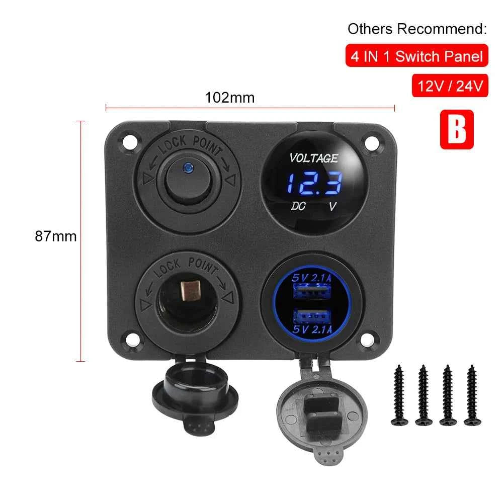 12V 24V 6 Buttons Car Switch Panel 15A Fuse Marine Circuit Breaker Voltmeter Tester Light Toggle USB Chargers 3.0 Auto Splitter
