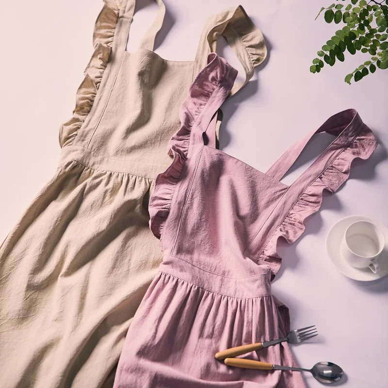 Cross Back Apron Kitchen Apron Ruffled with Pockets for Chef Gardening Pink Work Women with Big Pinafore Dress Cooking Baking