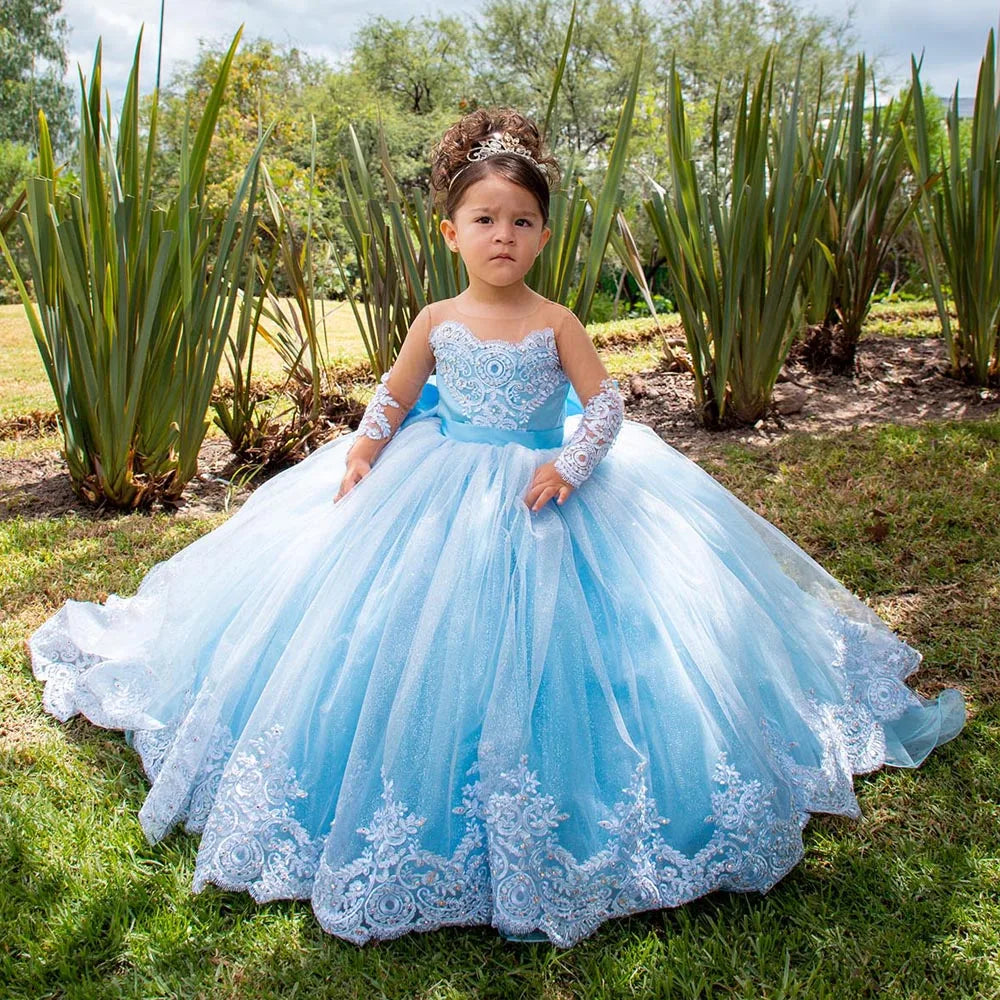 Elegant White Lace Wedding Party Dresses for Girls Full Sleeves Princess Flower Girl Dress With Bow Custom Kids Birthday Gowns