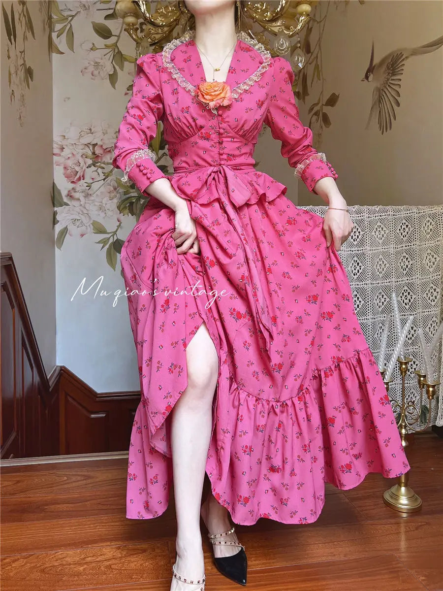 Rose Red Flower Autumn Long Sleeve French Vintage Dress V-neck Waist Cinched Slimming Ruffle Large Swing Long Dress for Women