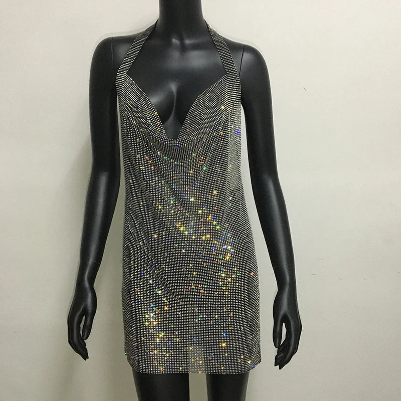 Bling Backless Rhinestone Dress - Sexy Deep V Neck, Sleeveless, Side Split Halter for Nightclub & Party