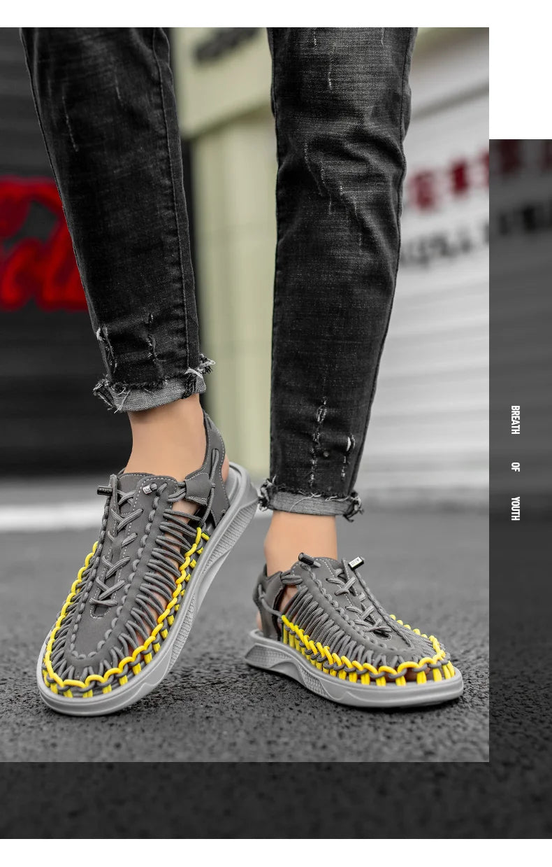 2023 Summer Men's  Sandals Lace Up Hand Woven Sandals Thick Soled Soft Non Slip Casual Shoes High Quality Couple Beach Shoes