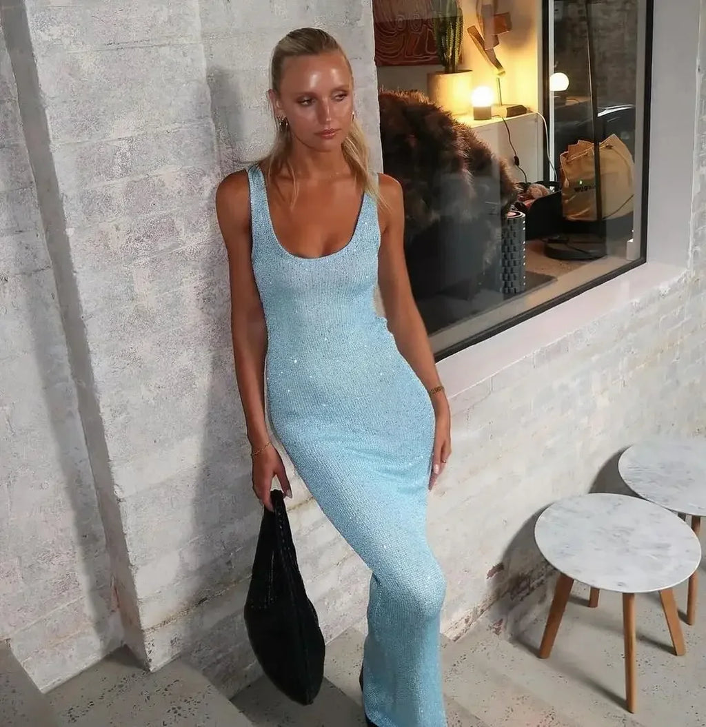 Women Sexy Yellow Glitter Splicing Square Neck Long Dress Casual Slim Sleeveless Sling Maxi Dresses Female Summer Holiday Robes