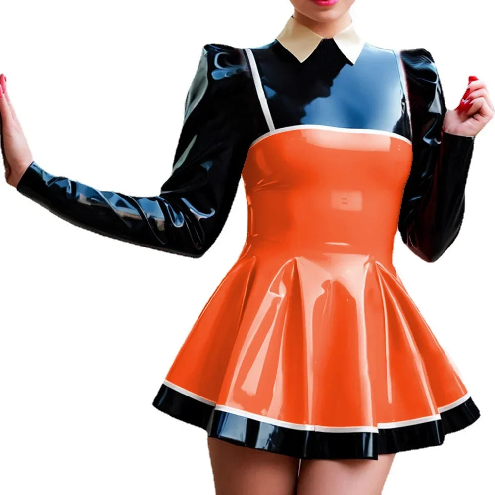 Curvy Couture Plus Size A-Line Patchwork Mini Dress - Long Puff Sleeves, PVC Leather for Night Out Style