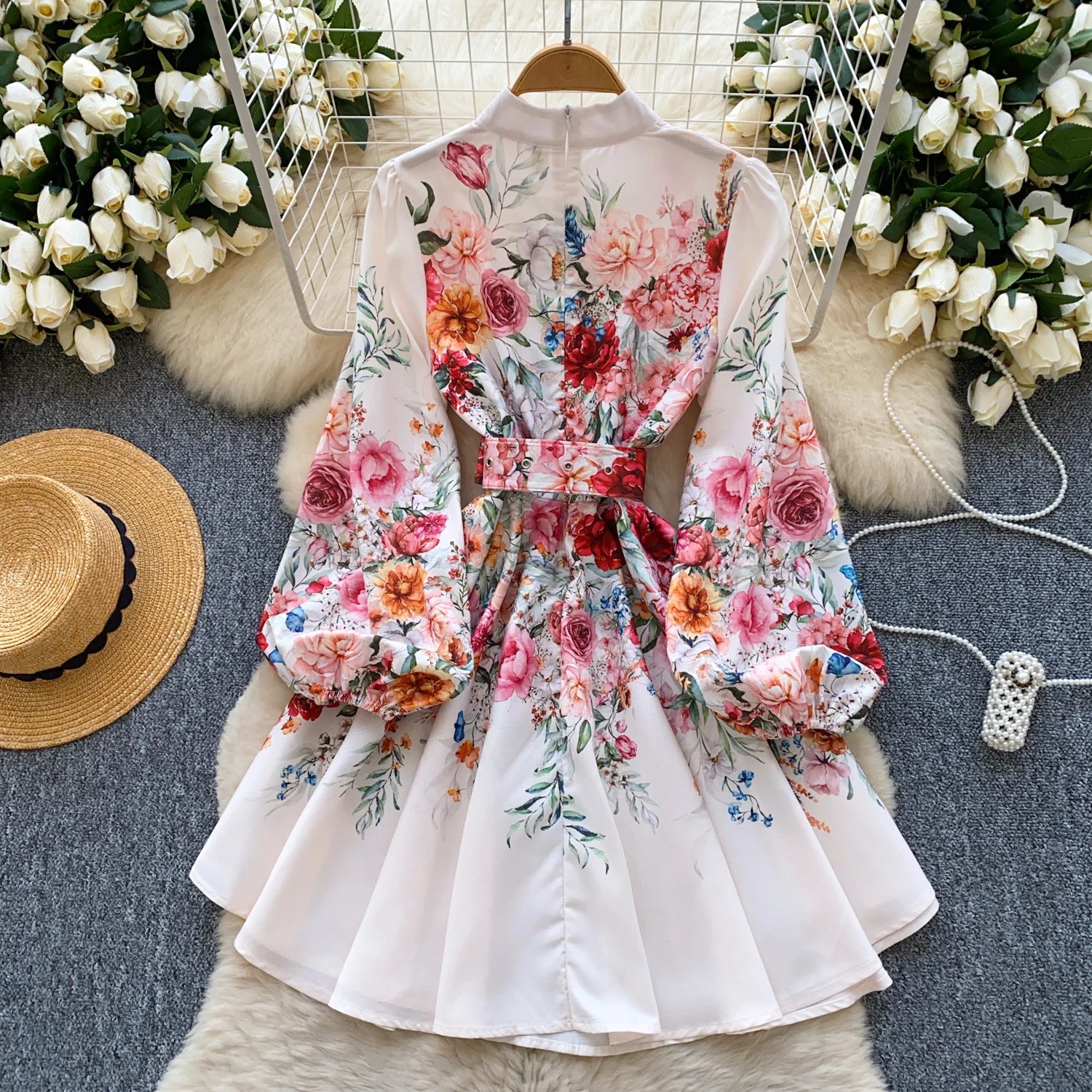 France Elegant Vintage Palace Evening Dress Women Sashes Button Print Short Party Dress Female Casual Chic Festival Clothing New