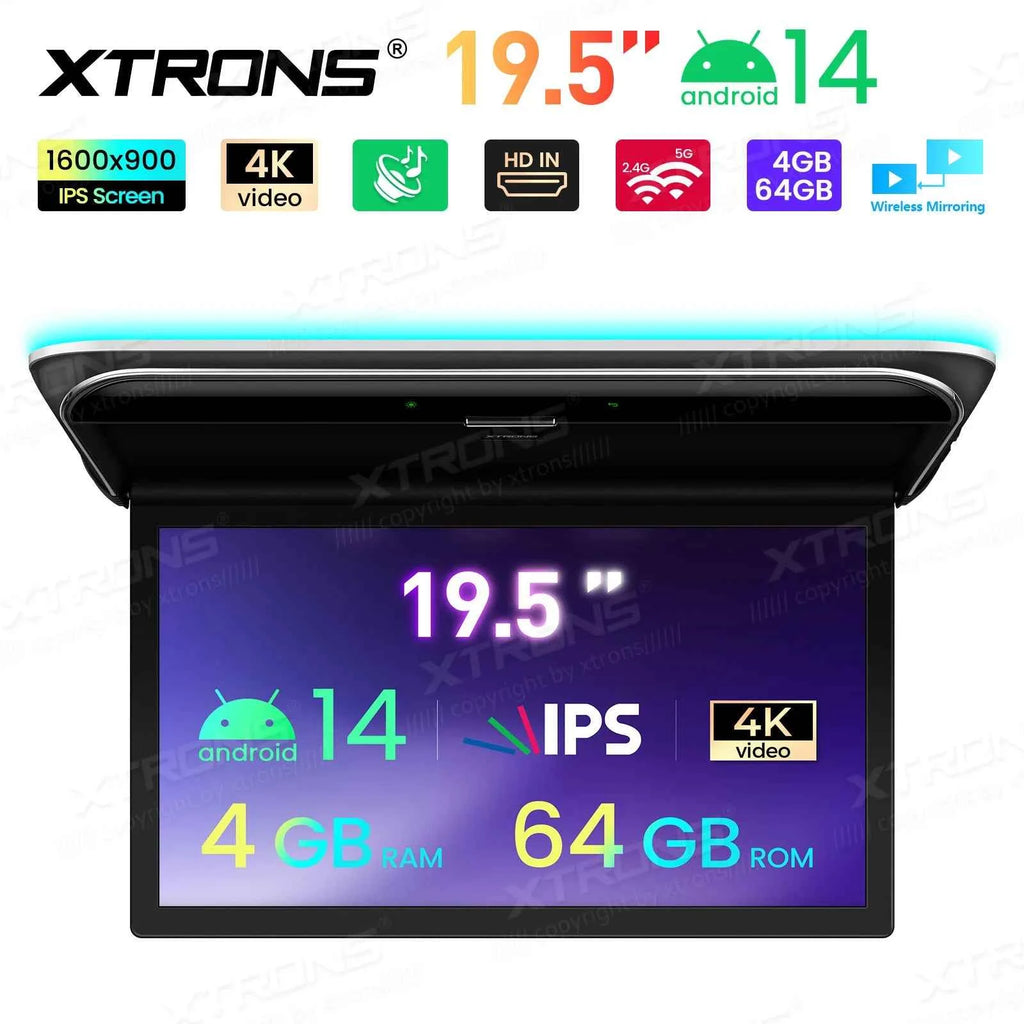 XTRONS 19.5" Android Car Roof Monitor TV Octa-core 8K IPS Car Screen Adjustable Angle to 170° with Screen Mirroring USB HDR RCA