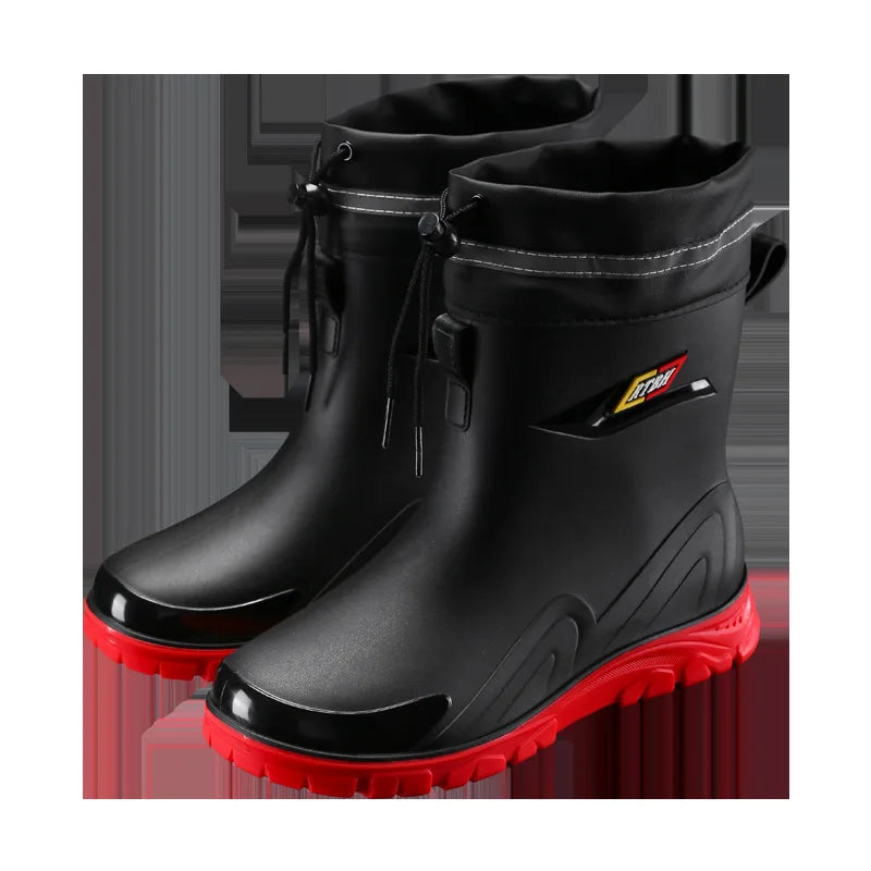Men's Fleece Lined Tied Mouth Waterproof Outdoor Rain Boots Anti-slip Kitchen Work Rubber Shoes Warm Booties Plastic Material