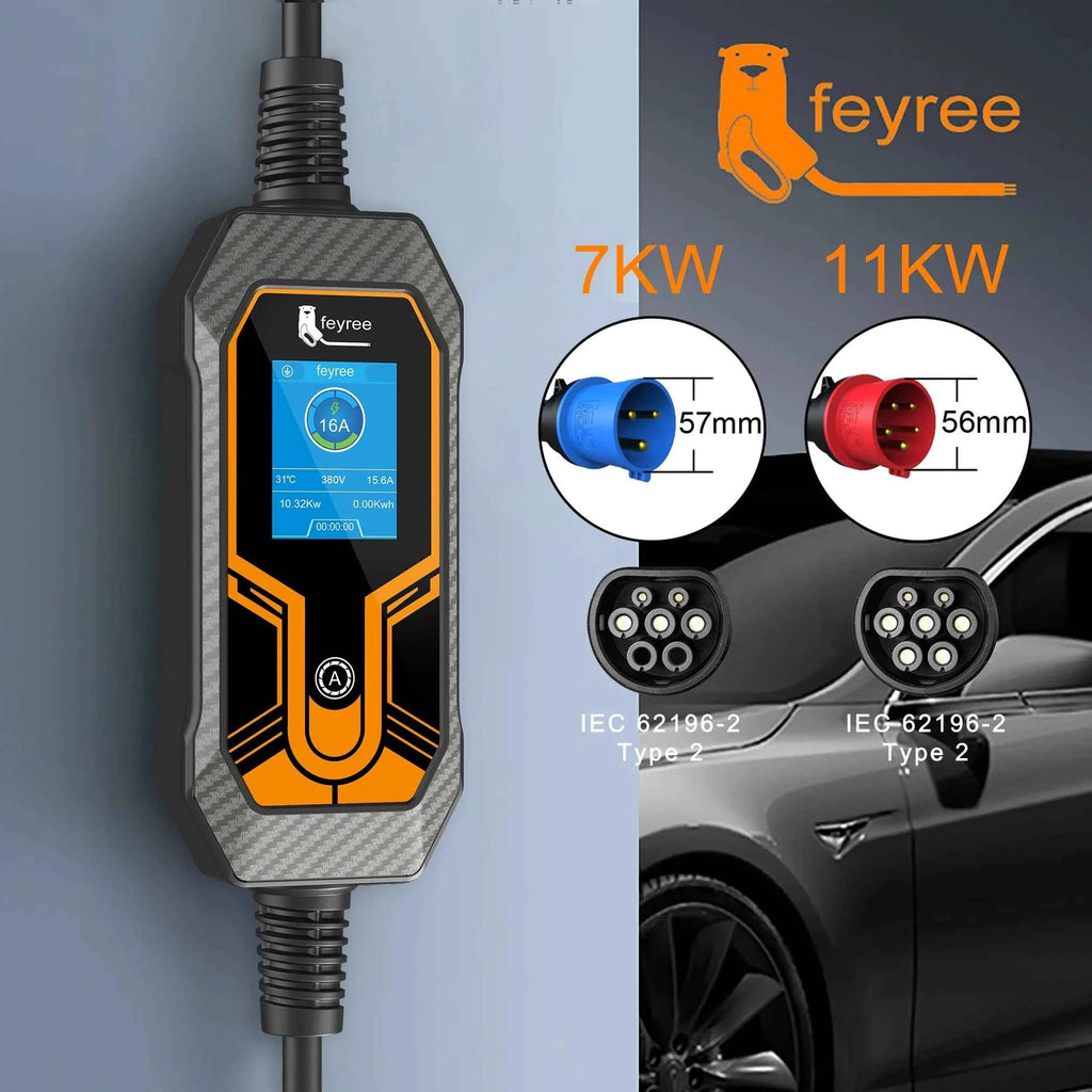 feyree 32A 7KW Type2 EV Portable Charger 11KW 16A 3 Phase 5M Cable EVSE Charging Box Car Charger CEE Plug for Electric Vehicle