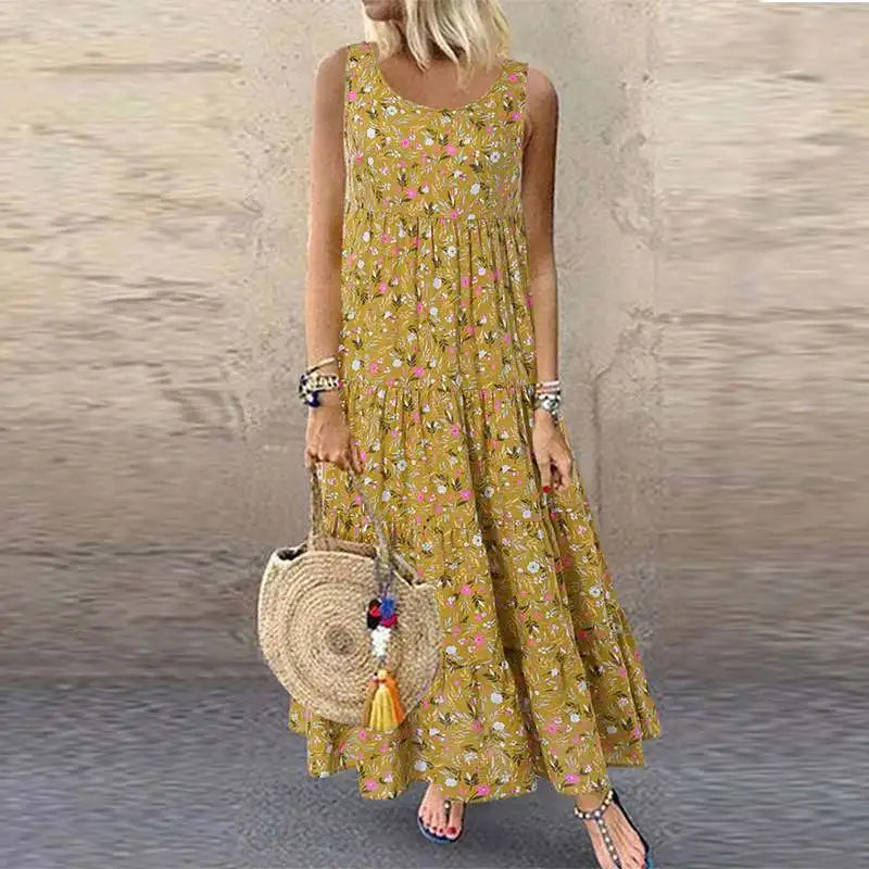 Women's Floral Boho Midi Dress – Loose Sleeveless Summer Dress