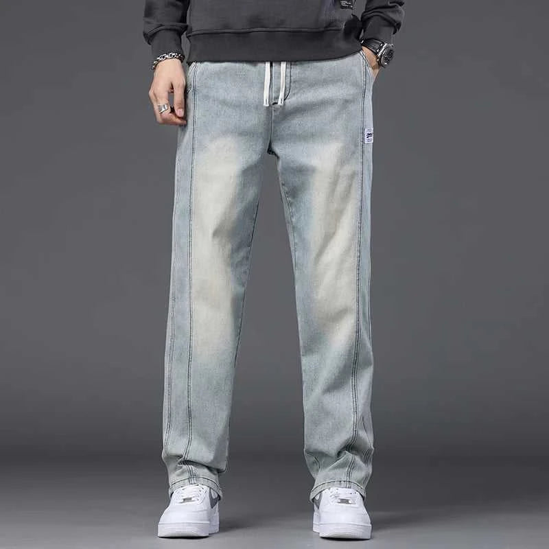 Autumn Winter Blue Jeans Men Drawstring Elastic Waist Cotton Cargo Denim Pants Work Fashion Thick Trousers Male Plus Size M-4XL The jack market .AU The jack market .AU Men Fashion $ 48 14:193#Black;5:361386#M(27-28)