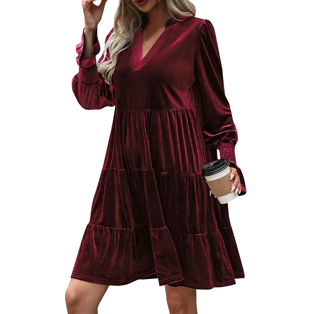 Elegant Vogue Velvet Midi Dress - Long Sleeve V-Neck, High Waist, Chic Style for Evening Parties & Christmas Celebrations