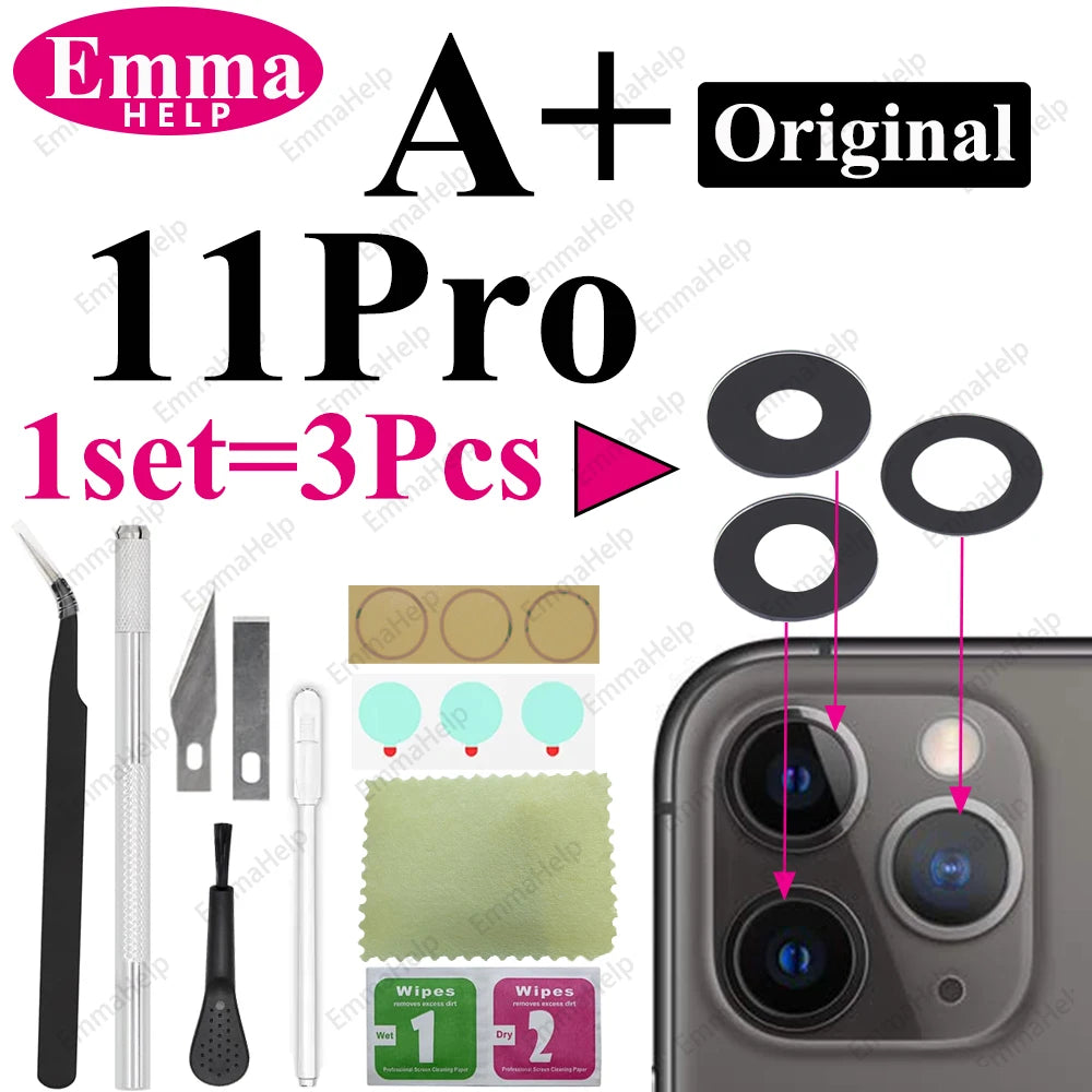 Sapphire Camera Lens Glass for iPhone 15/14/13/12/11 Pro Max Plus Mini - Complete Repair Kit with Adhesive