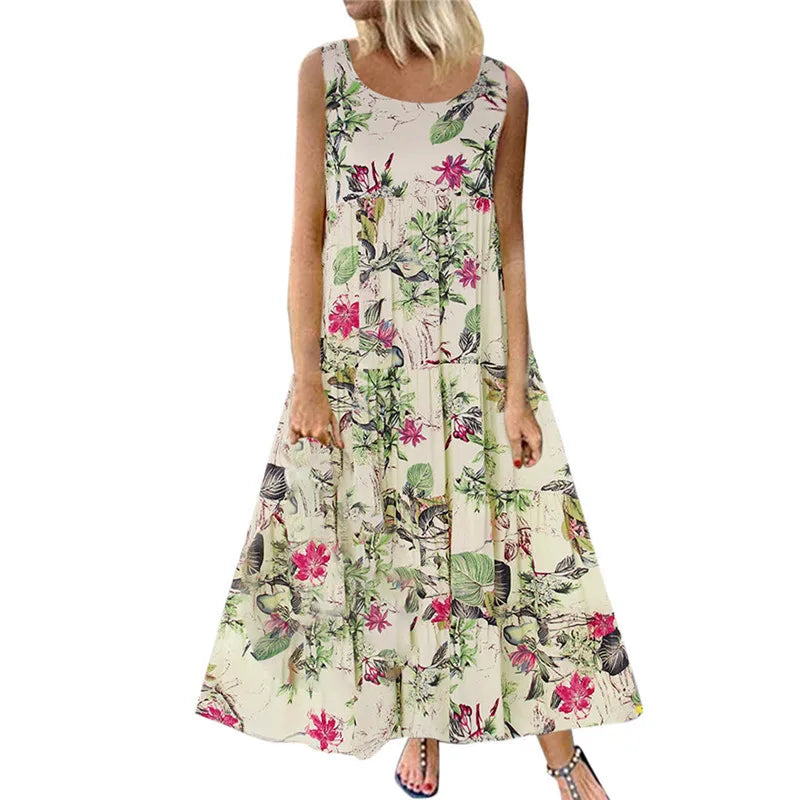 Women's Floral Boho Midi Dress – Loose Sleeveless Summer Dress