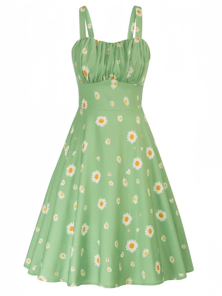 Vintage Charm Summer Midi Dress - Cute Print, Ruched Bust, High Waist for Effortless Beach Style