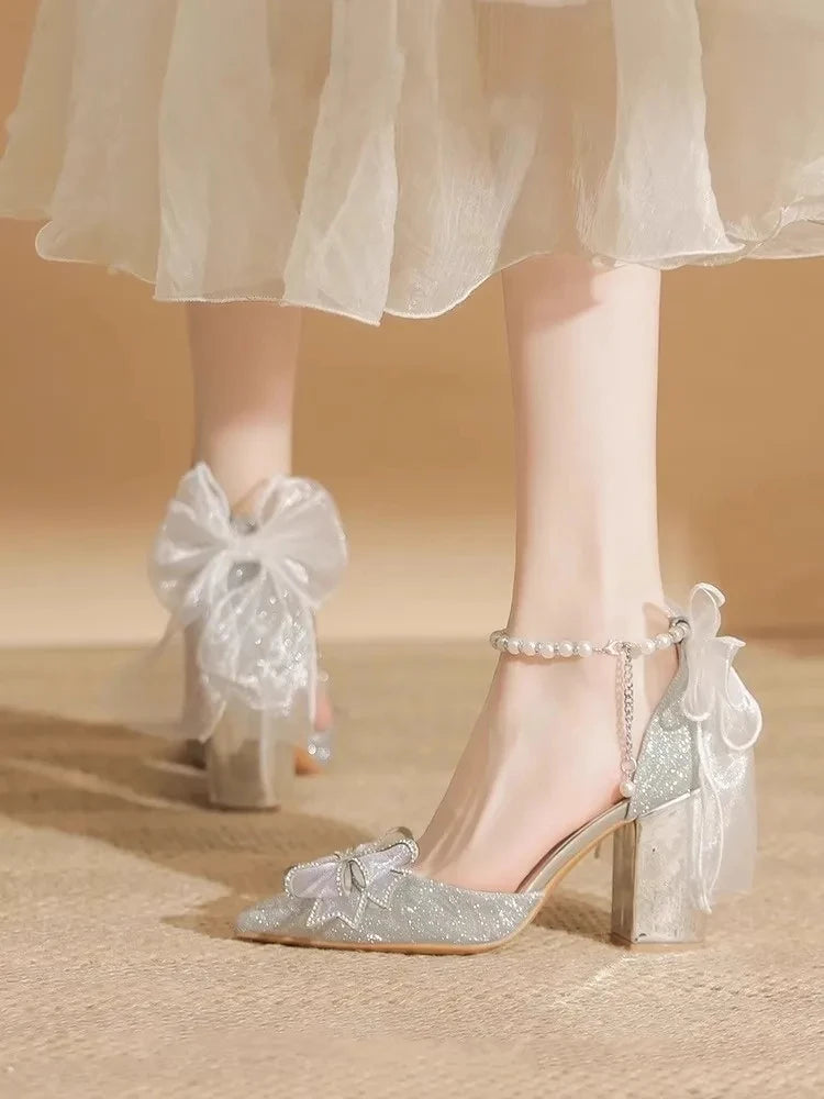 High Heels 2025 New Pearl Bow Silver Hollow Sandals Graduation Wedding Dress Big Size Bride Shoes