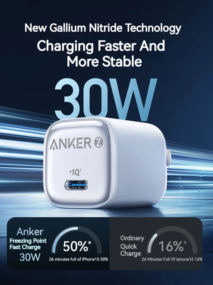 Anker Zolo GaN 30W USB-C Fast Charger – Foldable, PIQ 3.0 & PPS for iPhone 16 Pro Max, Galaxy, iPad