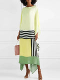 Retro Striped Print Patchwork Irregular Dress Women Spring Batwing Sleeve Loose Long Dress Summer Sexy Crew Neck Boho Maxi Dress