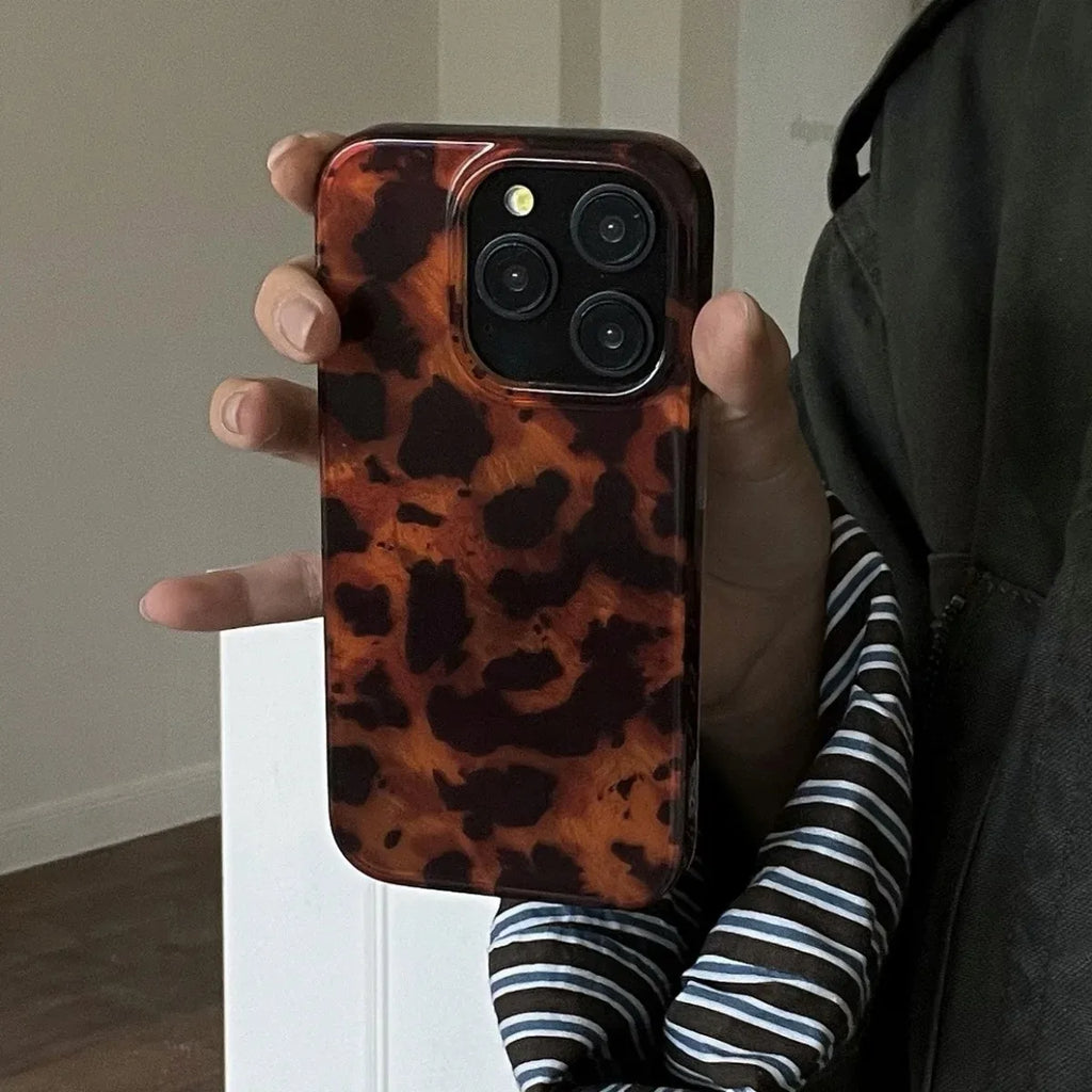 Retro Amber Leopard Print Laser Phone Case - Stylish Soft Cover for iPhone 17 16 15 14 13 12 11 XS XR 7 8 Plus